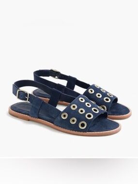 J. Crew Blue Suede Leather Gold Grommet Slingback Nautical Flat Sandals